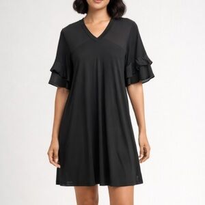 Cover-Up Sport Chic T-shirt Dress Semi Sheer Ruffle Short Sleeves V Neck Coastal